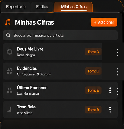Tela Minhas Cifras mostrando bot&atilde;o adicionar, lista de m&uacute;sicas e altera&ccedil;&atilde;o de tom