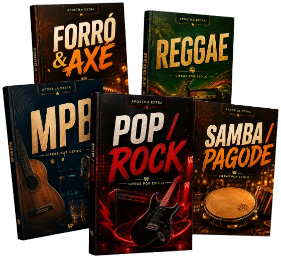 Cinco apostilas extras inclusas: Forró & Axé, MPB, Pop / Rock, Reggae e Samba / Pagode