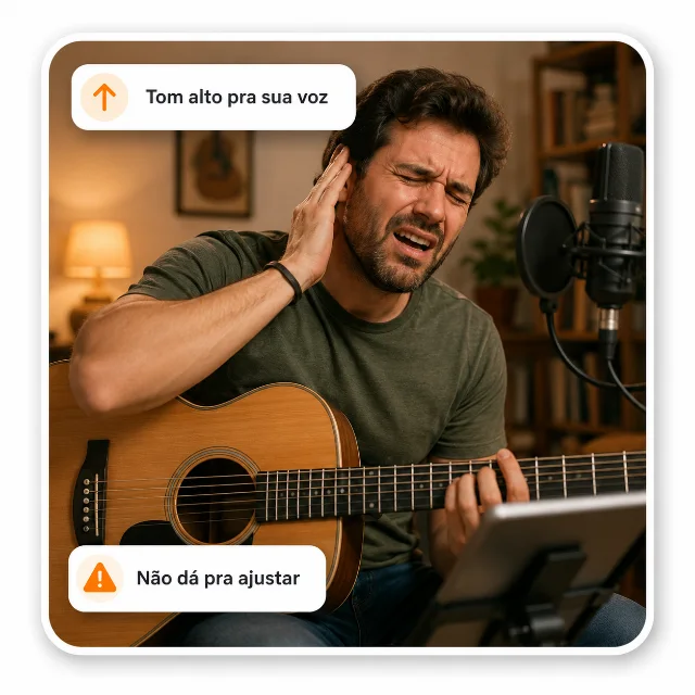 Homem com violão sofrendo para cantar em um tom alto demais